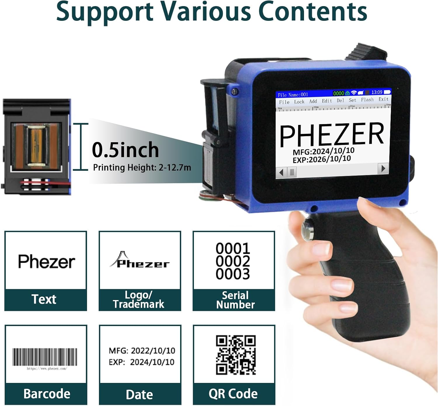 Phezer Mini Handheld Inkjet Printer PC11 for Flat and Curved Surface, with Touch Screen and Quick-Drying Ink Cartridge, Portable Pocket Marking Device for Label/Date/Barcode/Logo/Qrcode/Batch Number