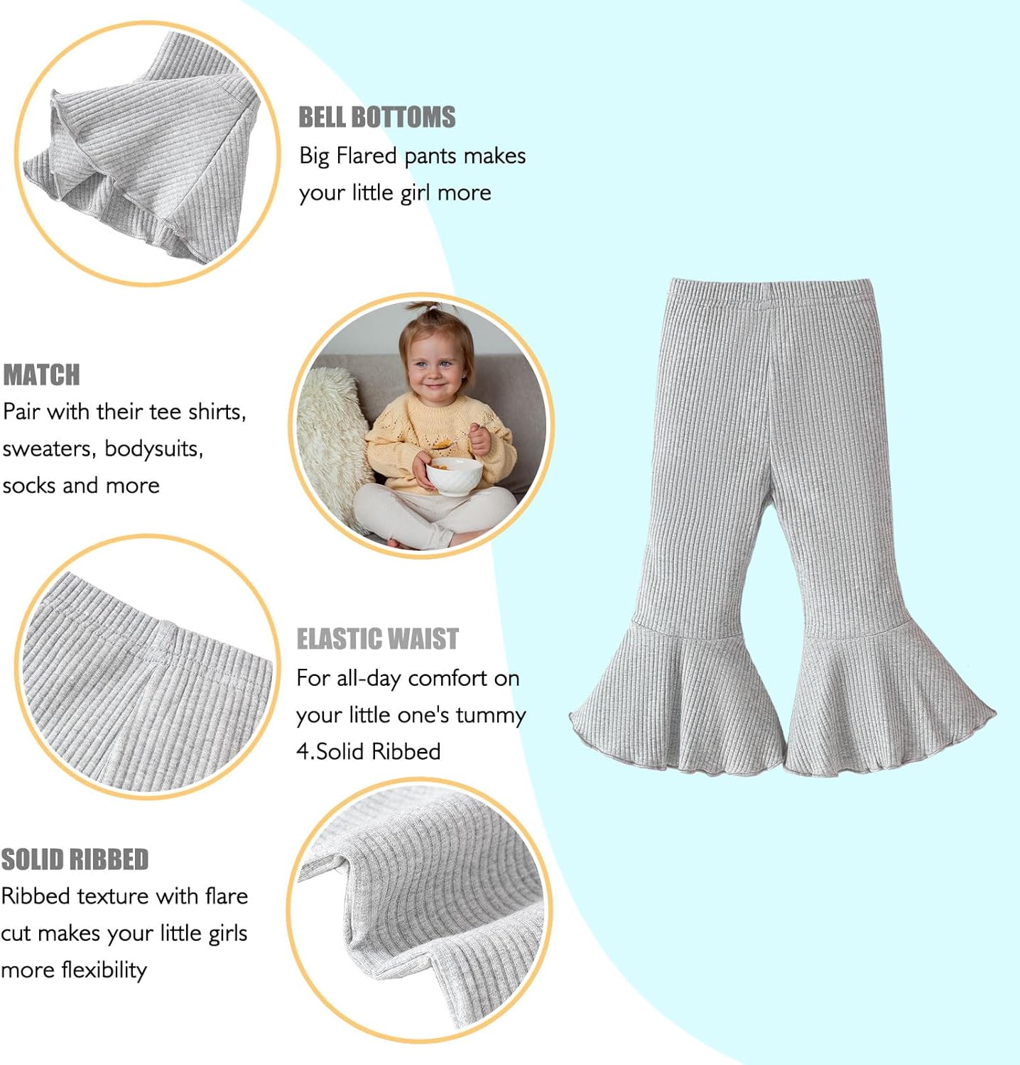 SOBOWO Baby Girl Flare Pants 3 Pack Toddler Solid Ribbed Ruffle Bell Bottoms Pants Trousers Fall Outfits - Image 3