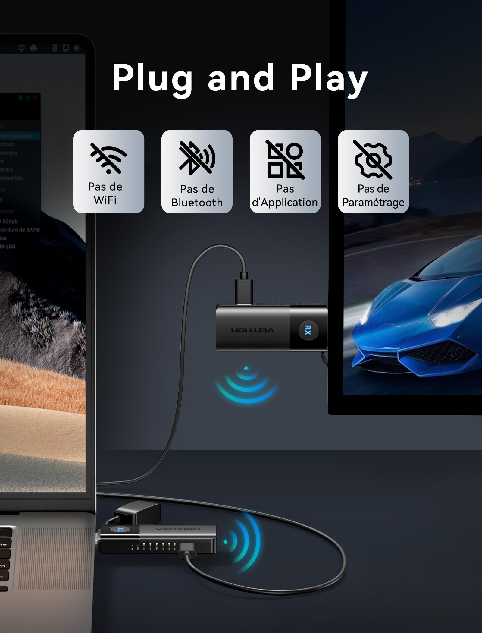 VENTION Mini HDMI sans Fil 50M, Émetteur et récepteur HDMI sans Fil 1080P@60Hz,Plug & Play, 5GHz, pour Ordinateur Portable, PC vers TV HD, Moniteur, Projecteur,Noir