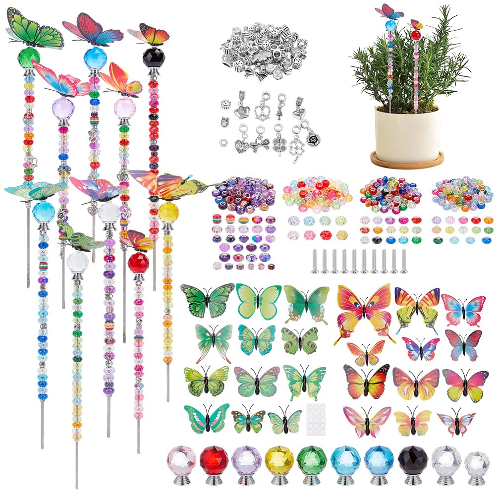 OLYCRAFT 318pz Paletti da giardino con perline fai da te Kit di Pali per Bacchette Fatate Inclusi 10 barre Filettate 10 cristalli 24 farfalle 254 perline Colorate per Decorazioni Da Cortile All'Aperto