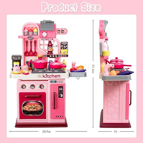 Vista 13 de Juego de cocina para niños, 53 piezas, estufa de cocina, lavabo, horno, juguetes de cocina con luces y sonidos realistas, juguetes de juego