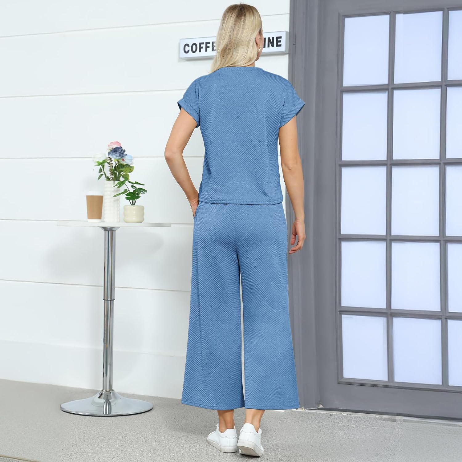 AGSEEM Two Piece Sets for Women Summer Short Sleeve Lounge Sets Cropped Wide Pants Outfits Loungewear Beach Vacation Clothes - Image 4