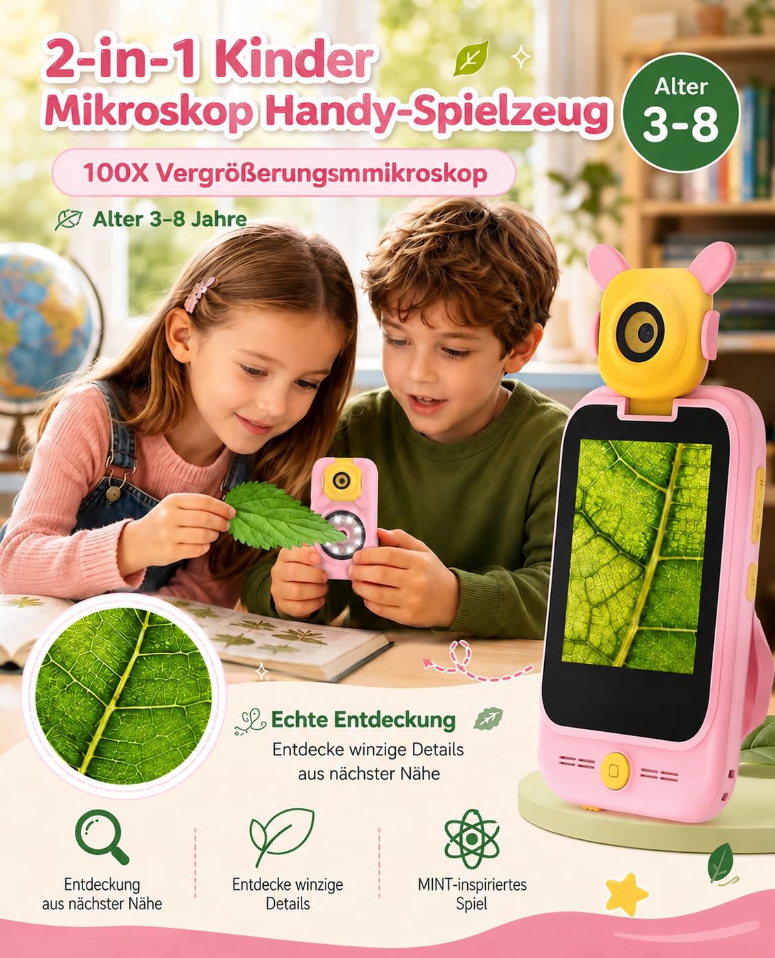 Telephone Enfant avec Microscope 100X et 32G Carte pour Filles 3-8 Ans | 100X Microscope Camera, 32G 600mAh MP3 Histoires, Ecran Tactile 2.8 Jeux ABC, Licorne Fille 3-8 Ans, Cadeau Anniversaire