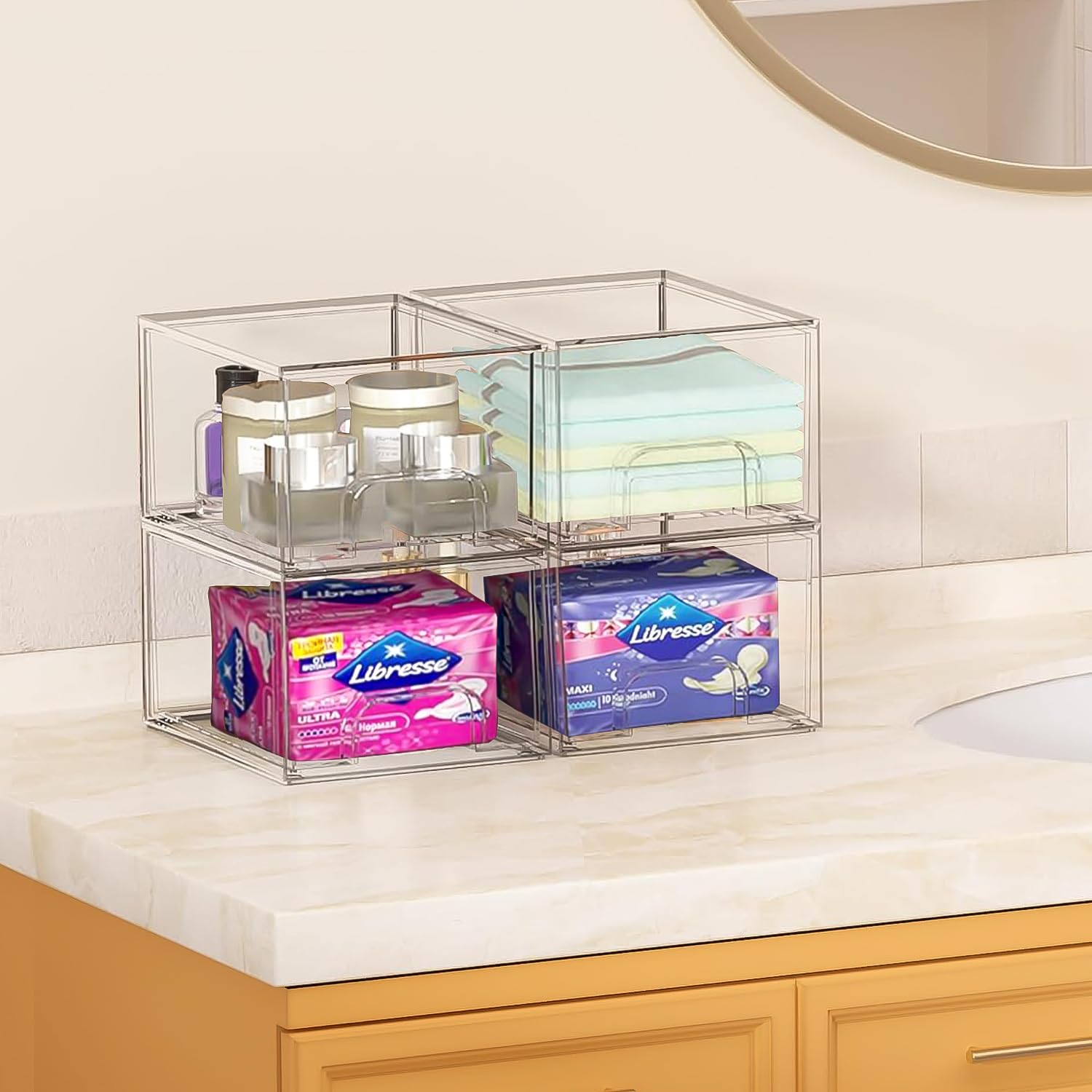 4 Piezas Organizador Apilables Transparentes, Acrílico Organizador Cajones Apilables Cajones Bañocon 32 Antideslizante Antideslizantes para Maquillaje, Baño, Tocador, Refrigerador, Oficina, Cocina