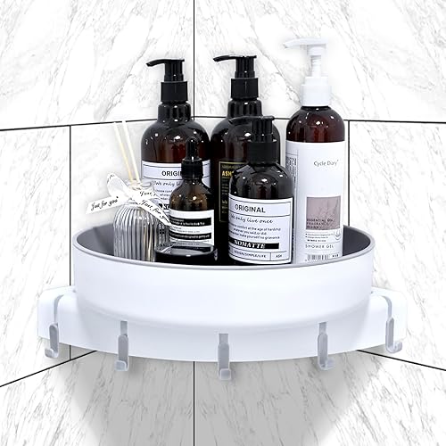 Sarzdras Organizador esquinero de ducha giratorio de 360, estante de almacenamiento de ducha interior de plástico sin perforaciones, 5 ganchos para