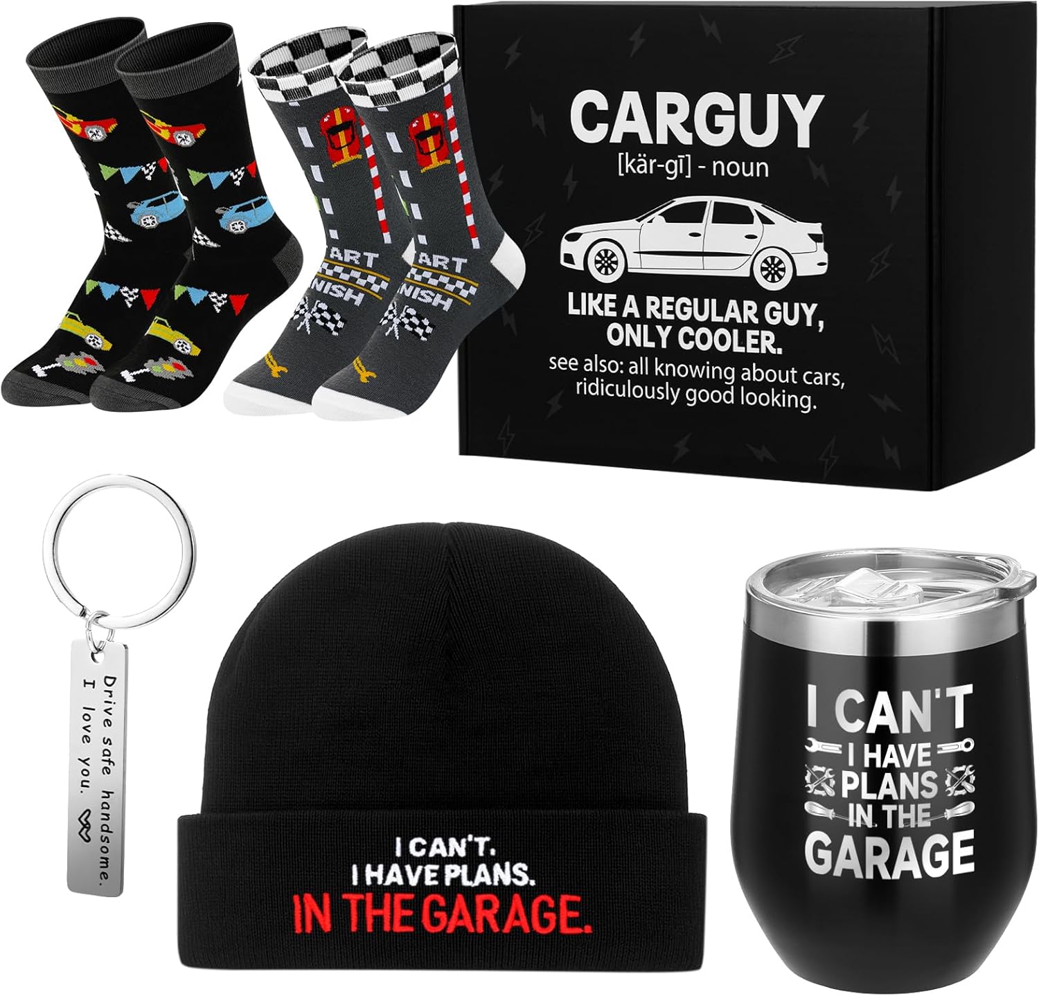 Geiserailie 6 Pcs Car Guy Gift for Men Christmas Gifts for Car Guys for Dad Boyfriend Husband Brother Male Friends Mechanic Coworker Lovers Mug Socks Hat Basket Presents Box