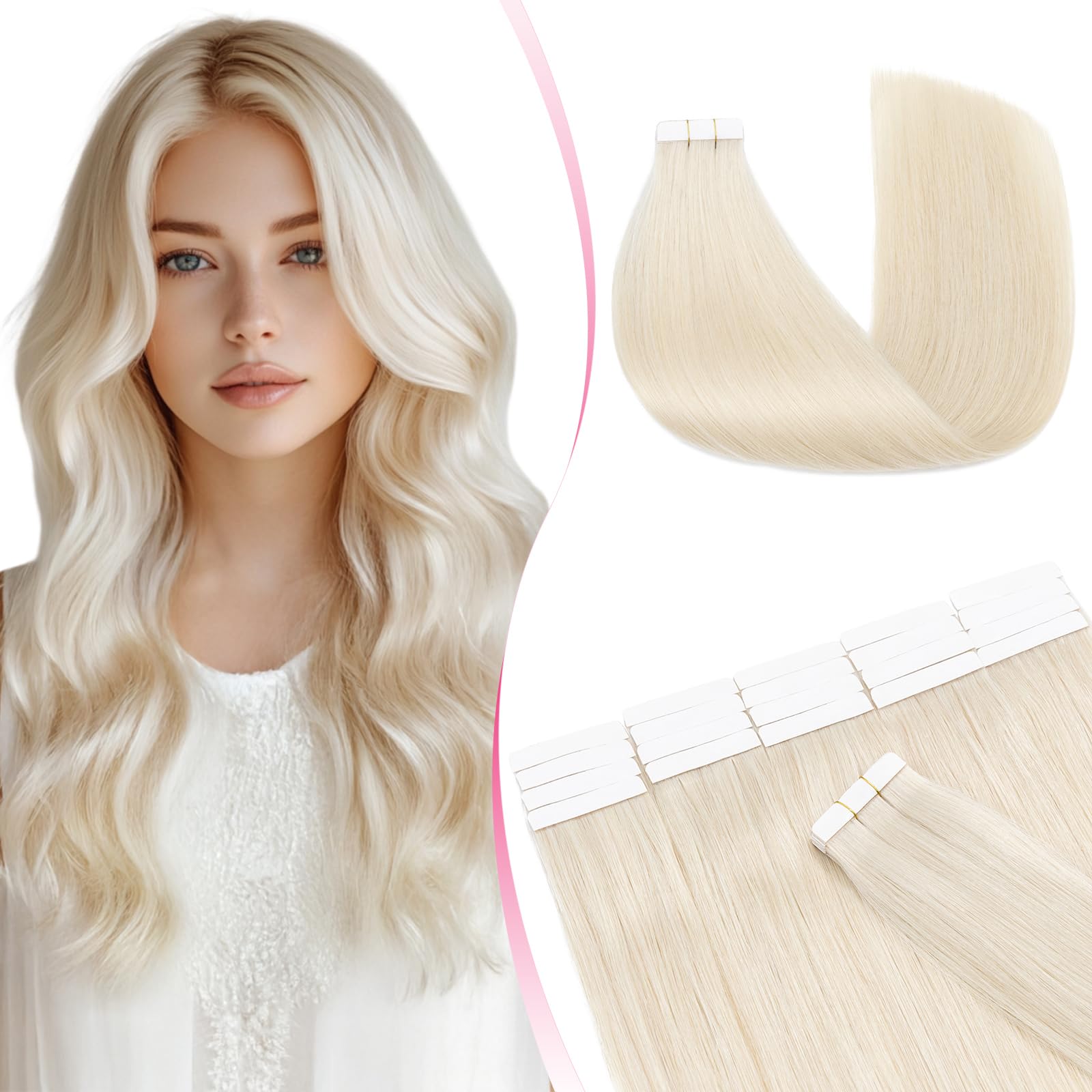 MY-LADY Extensiones Adhesivas Pelo Natural 20pcs 30 cm 30g Blanquecino Blanco Extensiones de Cabello Humano Tape de Pelo Remy Invisible (#70)