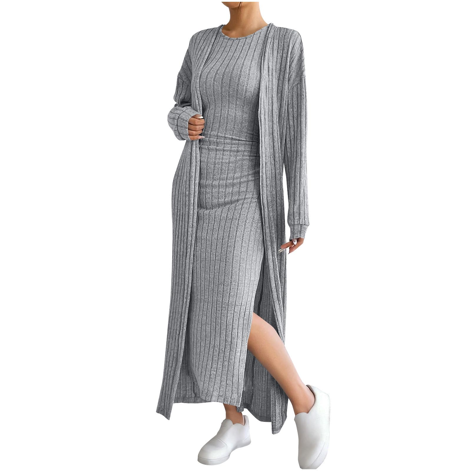 Womens Casual Ribbed Knit 2 Piece Outfit Sleeveless Bodycon Slit Tank Dress and Long Sleeve Cardigan Coat Matching
