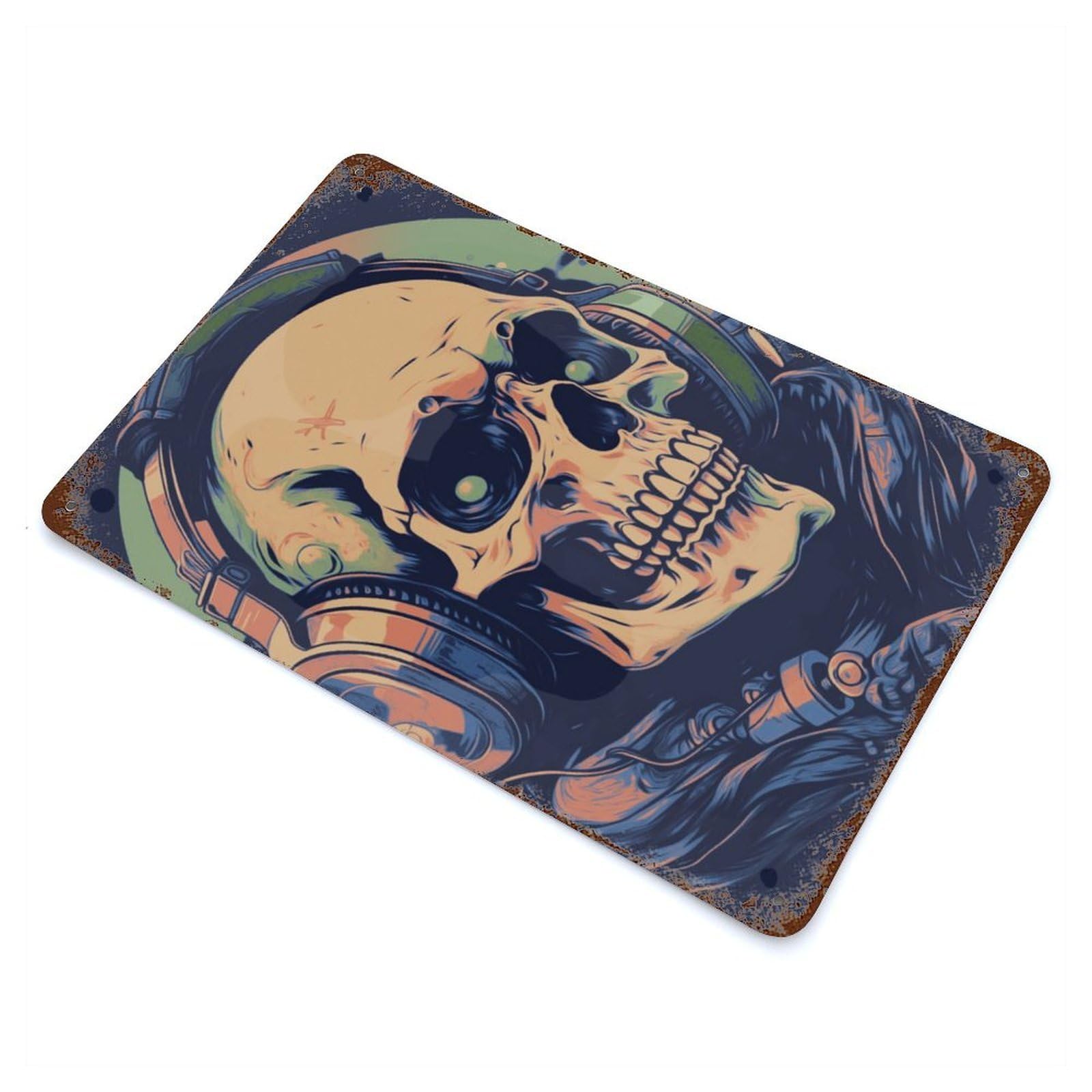 Skull with Headphones Rusty Metal Tin Sign 11.8"x7.9", for Shed, Workshop And Garage Wall Decor, Novelty Wall Decor