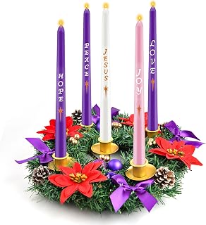 12 Inch Christmas Advent Wreath 5 Candle Holder with Metal Candle Cups for Taper Candles Fire Retardant Centerpiece Decorations for Table Indoor Home Church(No Candles)
