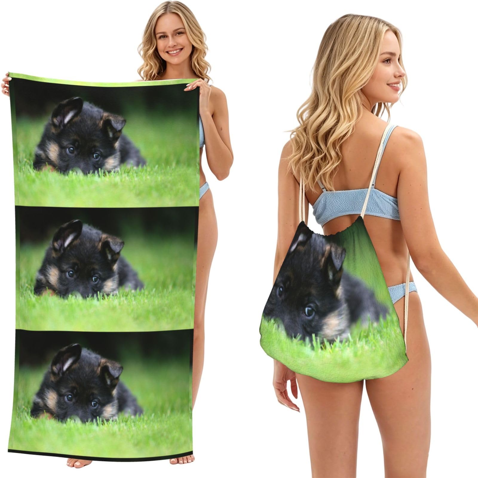 Poadnly As Picture German Shepherd Puppy Pets Lawn Bokeh Dogs, 2 In 1 Packable Towel Bag, Beach Towels With Drawstring Backpack For Travel Holiday Camping