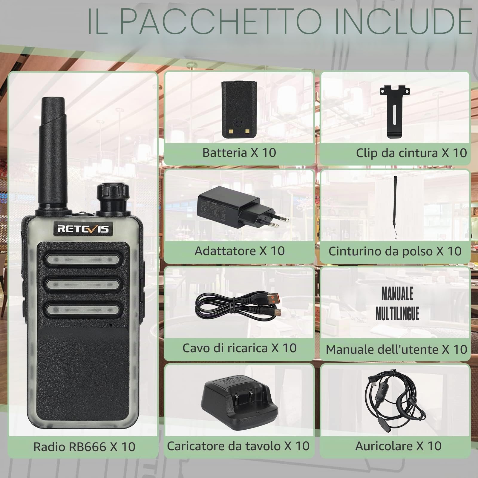 Retevis RB666 Walkie Talkie Piccolo Professionale, PMR446 Radio Bidirezionale Ricaricabile Caricabatterie Rapido, VOX Walkie Talkie Portatile con Auricolari per Scuola, Hotel (10 Pezzi, Nero)