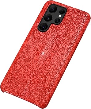 Genuine Leather Case for Samsung Galaxy S23/S23 Plus/S23 Ultra, Natural Pearl Fish Skin Case,Slim Semi-Enclosed Back Shockproof Anti-Fingerprint Phone Cover,Red,S23 Ultra