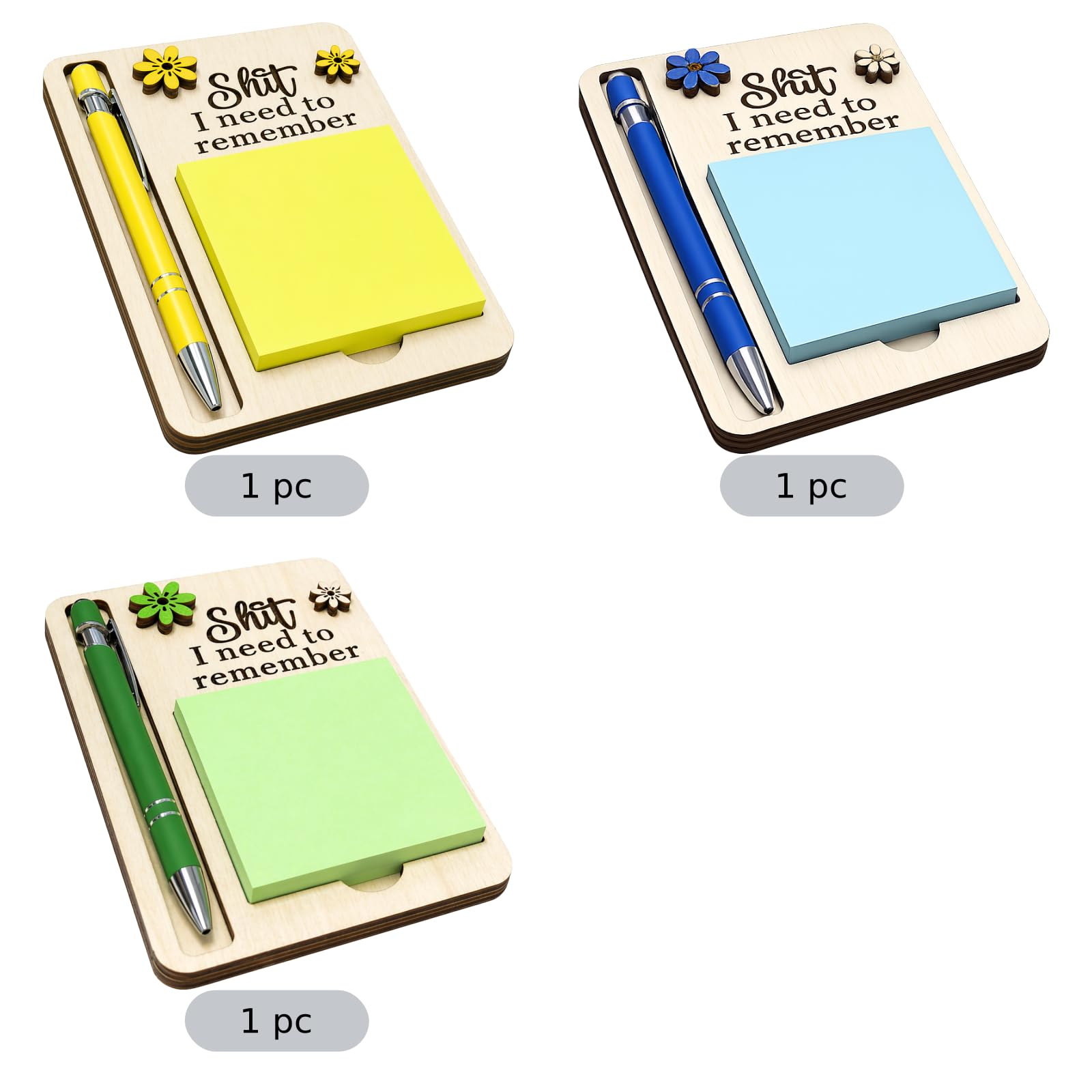 Generisch Set di 3 supporti per appunti adesivi, organizer da scrivania in legno per penne e memo, con foglietti e penne, 16 x 11,2 cm, per persone dimenticate, colleghi, insegnanti e infermieri