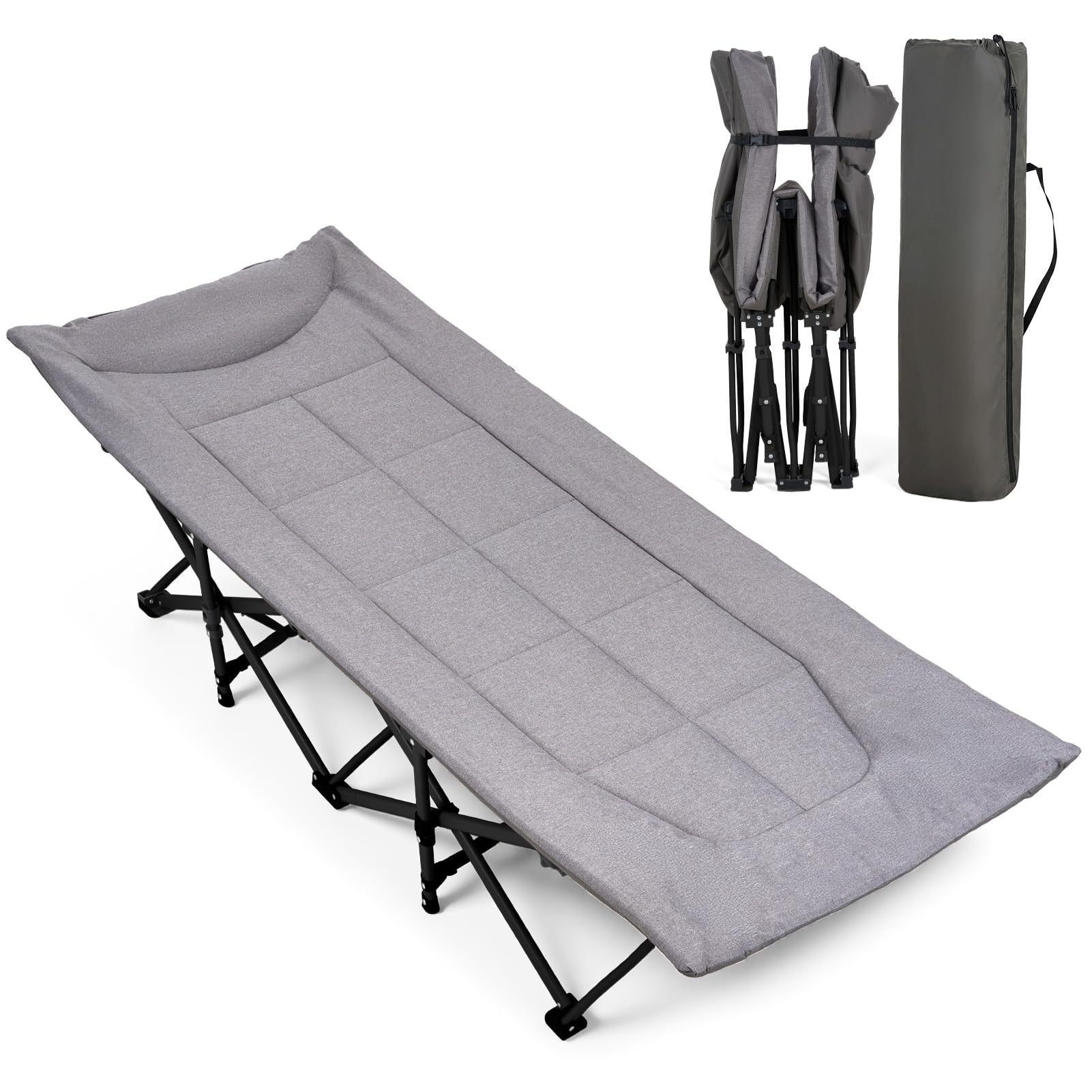 The Fellie Camping Cot for Adults, 28" Extra Wide Padded Folding Camping Beds, Oversized Camp Bed with Cushion and Pillow, Comfortable Travel Camp Cot Supports 600 lbs for Outdoor Office Nap, Grey