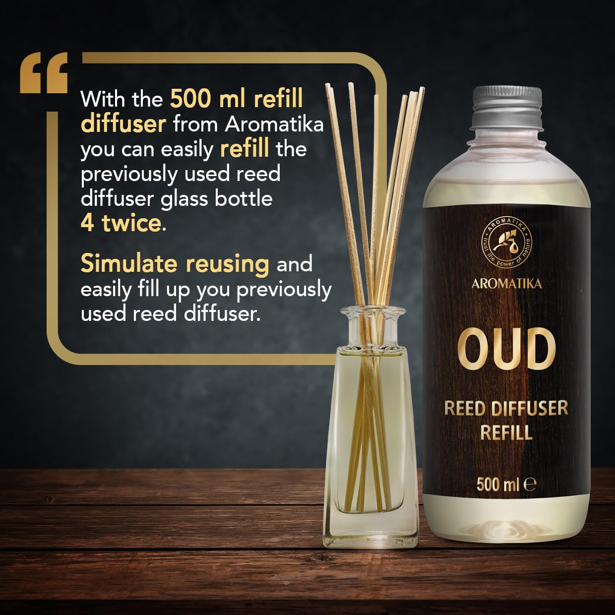 Recharge Diffuseur de Oud 500ml - Naturel Fragrance - Parfum boisé - Désodorisant - Aromathérapie - Parfum de Ambiance - Parfum Frais et de Longue Durée - Assainisseur de Air