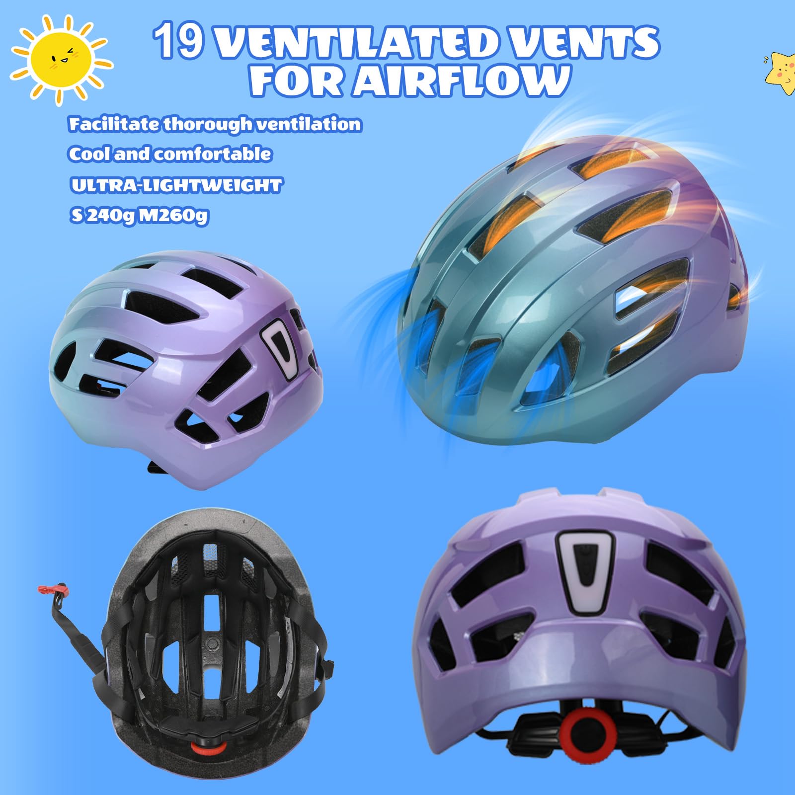 Verstellbarer Kinder fahrradhelm für Jungen Mädchen Jugend mit Sicherheits Rücklicht, wiederaufladbarem Hinterlicht, Farbverlauf und leichtem Fahrradhelm für Multi-Sportarten