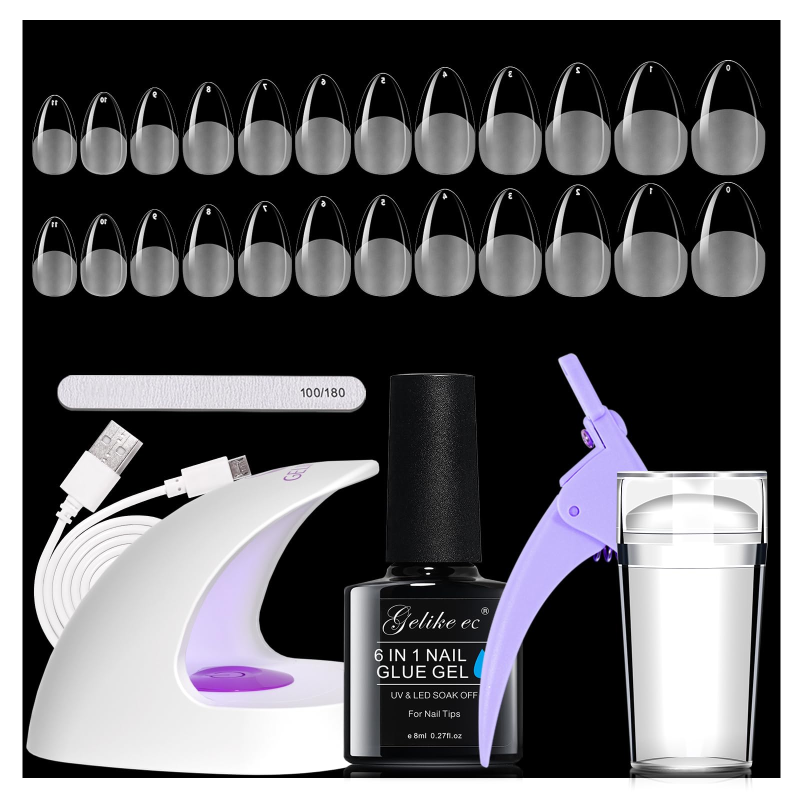 Gelike ec Nagelspitzen and Nagelkleber Kit - Gel Nail X Extension Set with 6 in 1 Nagelkleber 240PCS Soft Gel Full Cover Nail Tips Nagelverlängerung UV Lampe-Short Almond