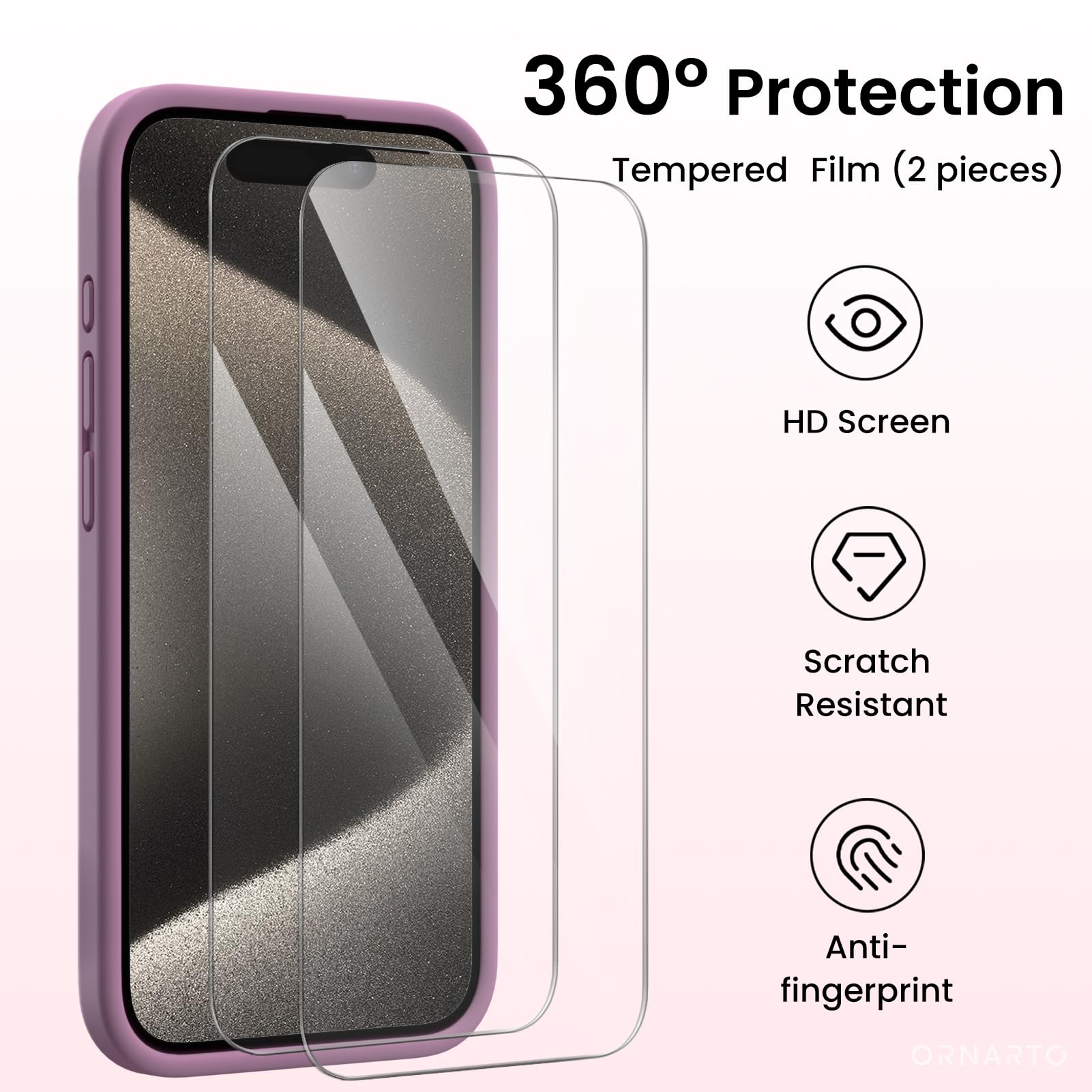 ORNARTO Cover per iPhone 15 pro Silicone 6.1 Pollici, con 2 Pellicola Vetro Temperato, Morbido Silicone Liquido Protezione, Antiurto Ultra-Sottile Protezione Custodia iPhone 15 pro-Malva Cover