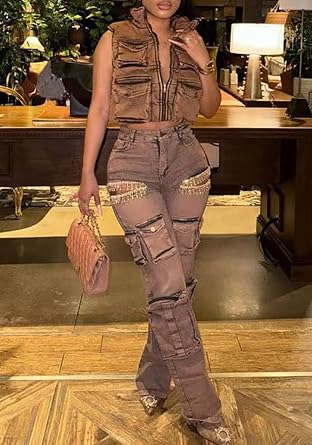 Ecirod Wide Leg Cargo Pants Woman Baggy Ripped Rhinestones Jeans Straight Leg High Waisted Denim Pants with Pockets