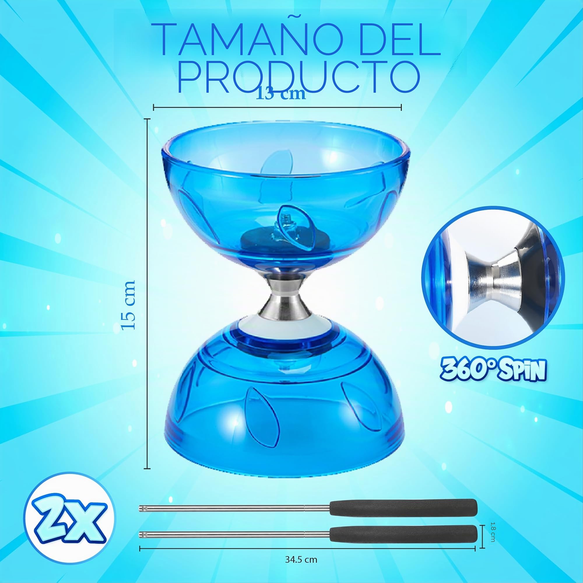 Juego de Malabares LED Diabolo - 4,5 mm Rodamiento Triple Diábolo para Principiantes y Profesionales | Juegos de Circo para Niños y Adultos | con Cordón Ajustable, Bolsa de Malla y 2 Bastones Cómodos