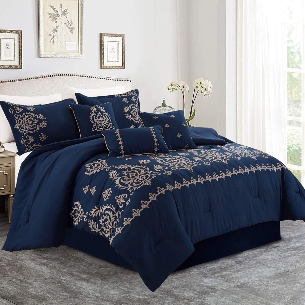 MERRY HOMEBedding Comforter Sets - Bed in A Bag California King Size Comforter Set(400GSM), 7 Pieces Comforter Set Soft and Comfortable for All Season (Navy, Cal King)