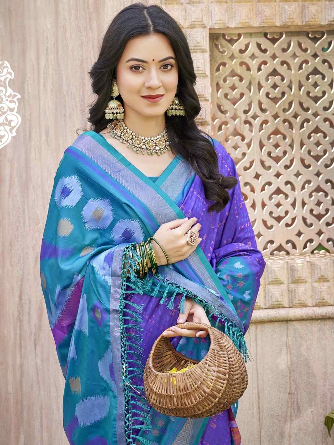 Shiv Textiles Women's Pochampalli Silk Geometric ikat Pattern. Saree(AUS-ASPOC3008-PURPLERAMA) 1