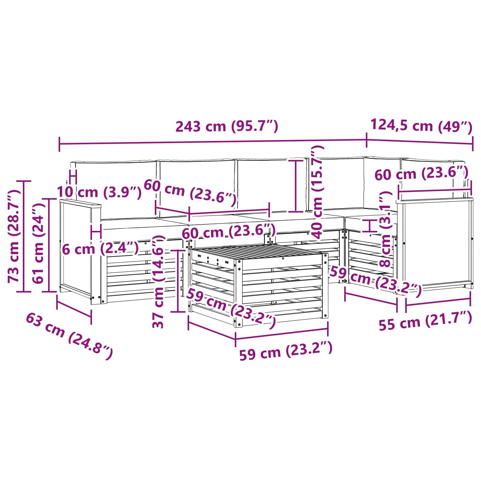 Ecksofa Set mit Kissen 5 pcs aus massivem Akazienholz natürlich hellgrau, modulare Sitzgruppe mit Tisch und Polster, wetterfestes Outdoor Möbelset für Garten Terrasse Wohnzimmer
