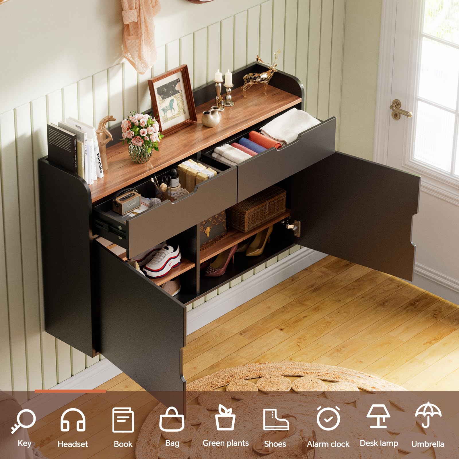 Mobile da ingresso Multiuso da appendere, Scarpiera Salvaspazio Slim,Scarpiera Chiusa con 2 cassetti, 4 ripiani regolabili, Madia Salvaspazio, per ingresso, corridoio, anticamera,100x63x22 cm (BxHxT)