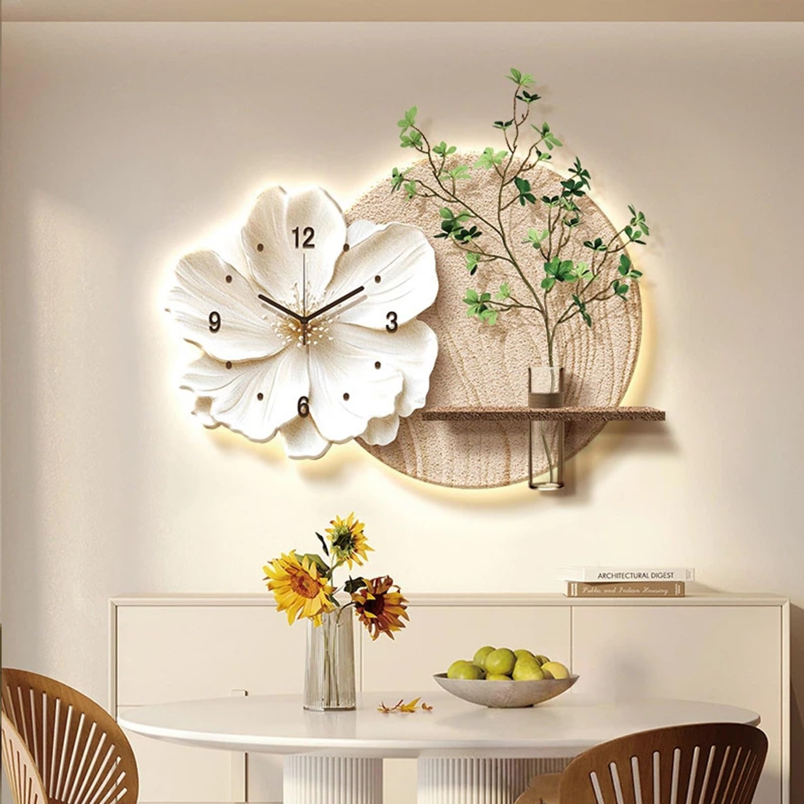 ITOSUI Sandstone Decorative Art Wall Clock with LED Light,Flower Wall Clock,Non-Ticking,Simple Wall Decoration,Plug-in Power Supply,for Living Room,Bedroom,Dining Room(Beige,23.6 * 15.7in)