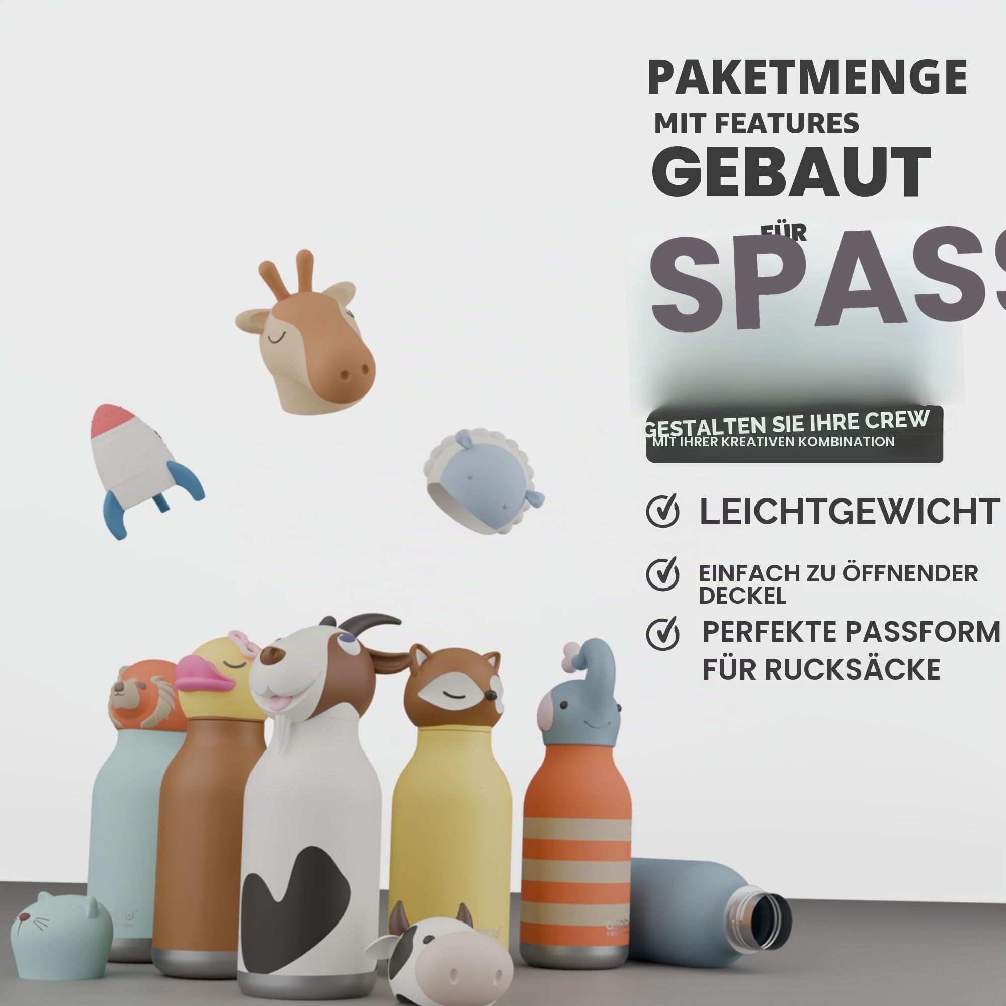 Asobu Bestie Kindertrinkflasche mit Strohhalm – Isolierte Edelstahlflasche 420ml mit Raketen-Kopf – Auslaufsicher & BPA-frei