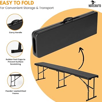Durable 6ft Folding Bench Seat - L 70.87’’ x W 11.02’’ x H 16.93’’ (180 x 28 x 43 cm) - Portable Black Plastic Bench with Convenient Carry Handle - Perfect for Garden, Picnic, Party, and Camping