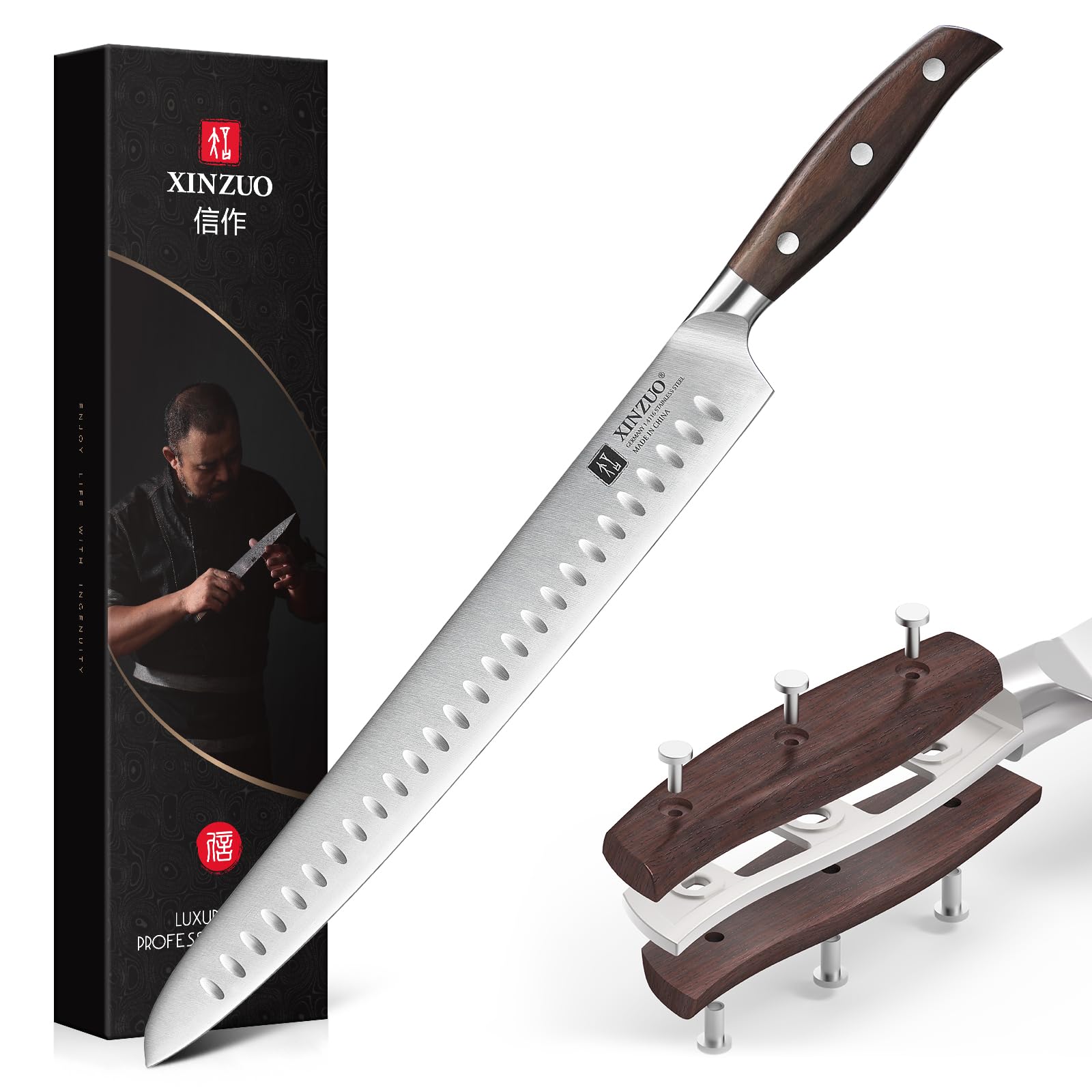 XINZUO Edelstahl 30cm Tranchiermesser, scharf Schinkenmesser Deutschem 1.4116 Edelstahl Küchen Brisketmesser,Profi Aufschnittmesser Koch Fleischmesser,Full Tang Griff Red Sandalwood,mit Geschenkbox