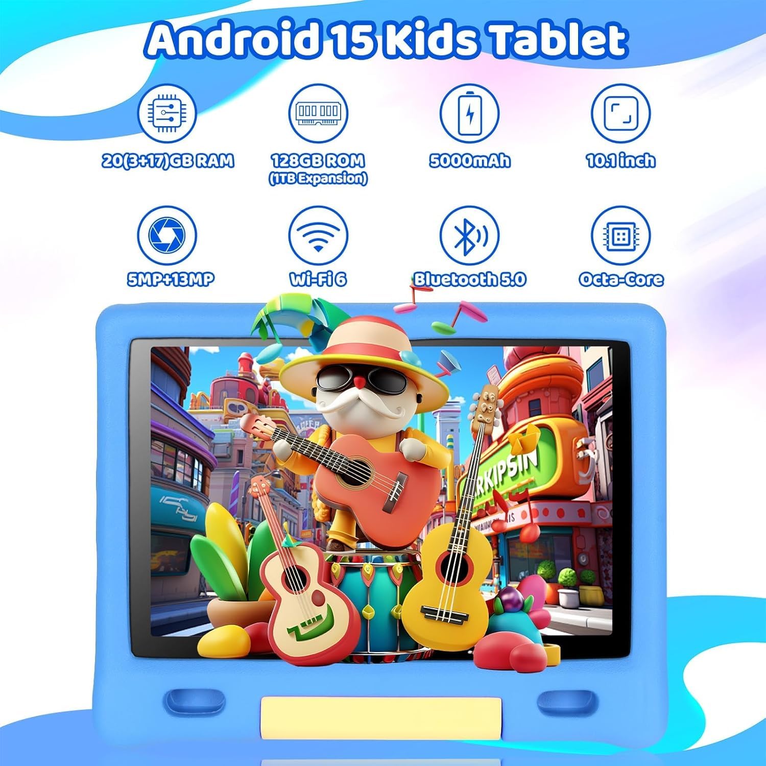 Ainmel 10 inch Kids Tablet with Case, Android 15 Tablet for Kids Ages 3-12 Years, 20GB+128GB(1TB TF Expand), Octa-Core Processor, Parental Controls, WiFi 6, BT5.3,Preloaded Edu Apps (Blue) — view 2