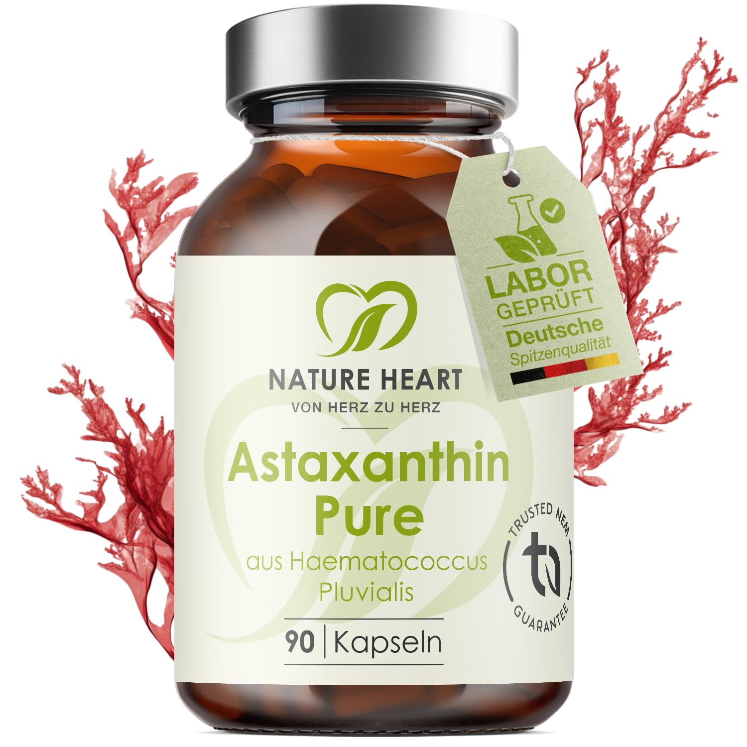 Nature Heart Astaxanthin Pure 90 Kapseln – Aus Haematococcus Pluvialis – Mit Vitamin E – Vegan – In Kokosöl – Hochrein & ohne Zusatzstoffe