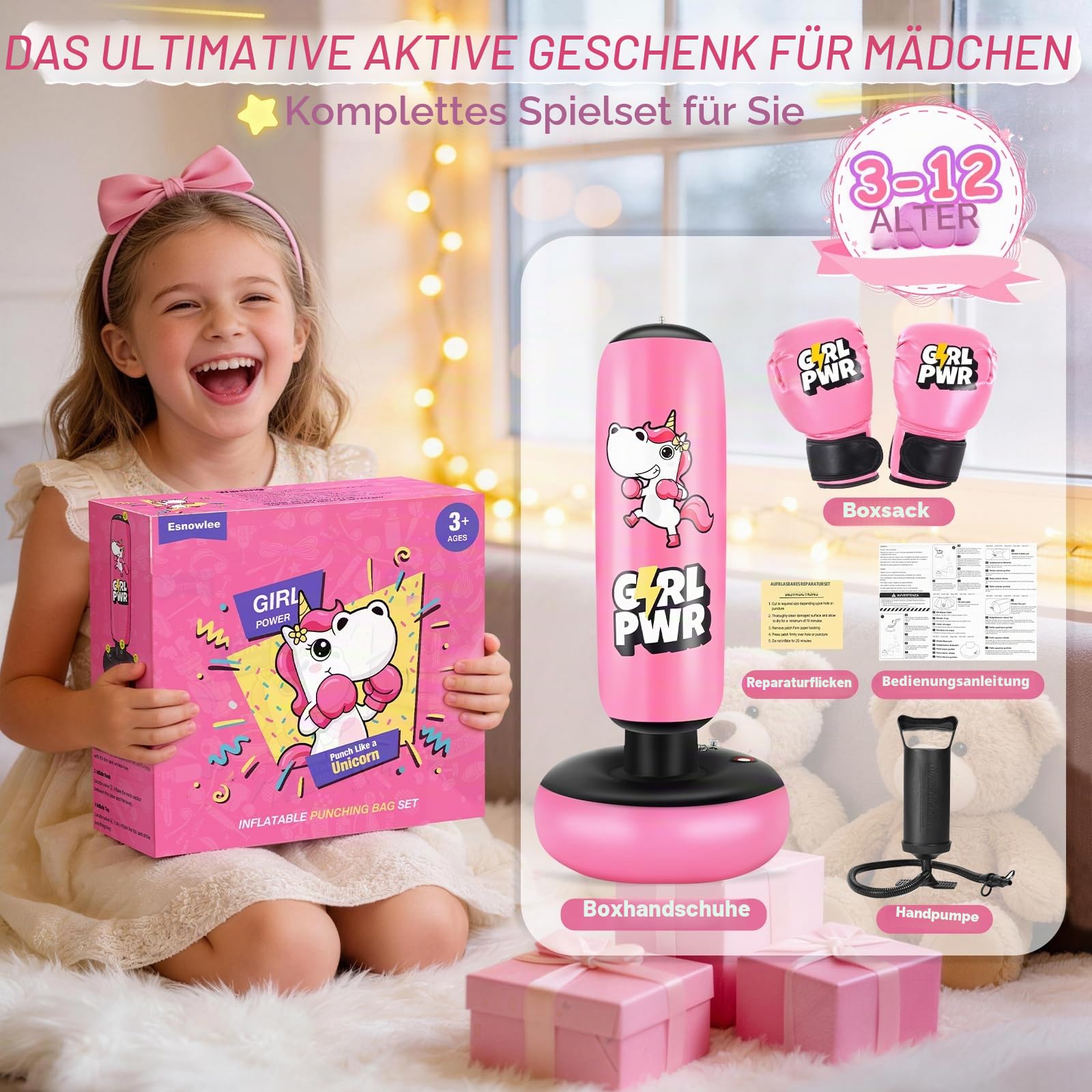 Aufblasbarer Boxsack, 168 cm (66 Zoll) aufblasbarer Boxsack für Kinder mit Boxhandschuhen für Mädchen von 3–12 Jahren, stabiles Boxset zum Üben von Karate, Taekwondo, Einhornspielzeug und Geschenken