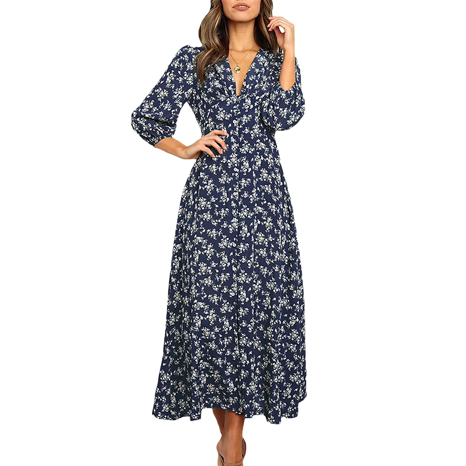 FeMereinaWomen 3/4 Sleeve Maxi Dress Button-Down Floral Print Dress V-Neck Casual High Waist Boho Dress Summer Flowy Split Long Dress