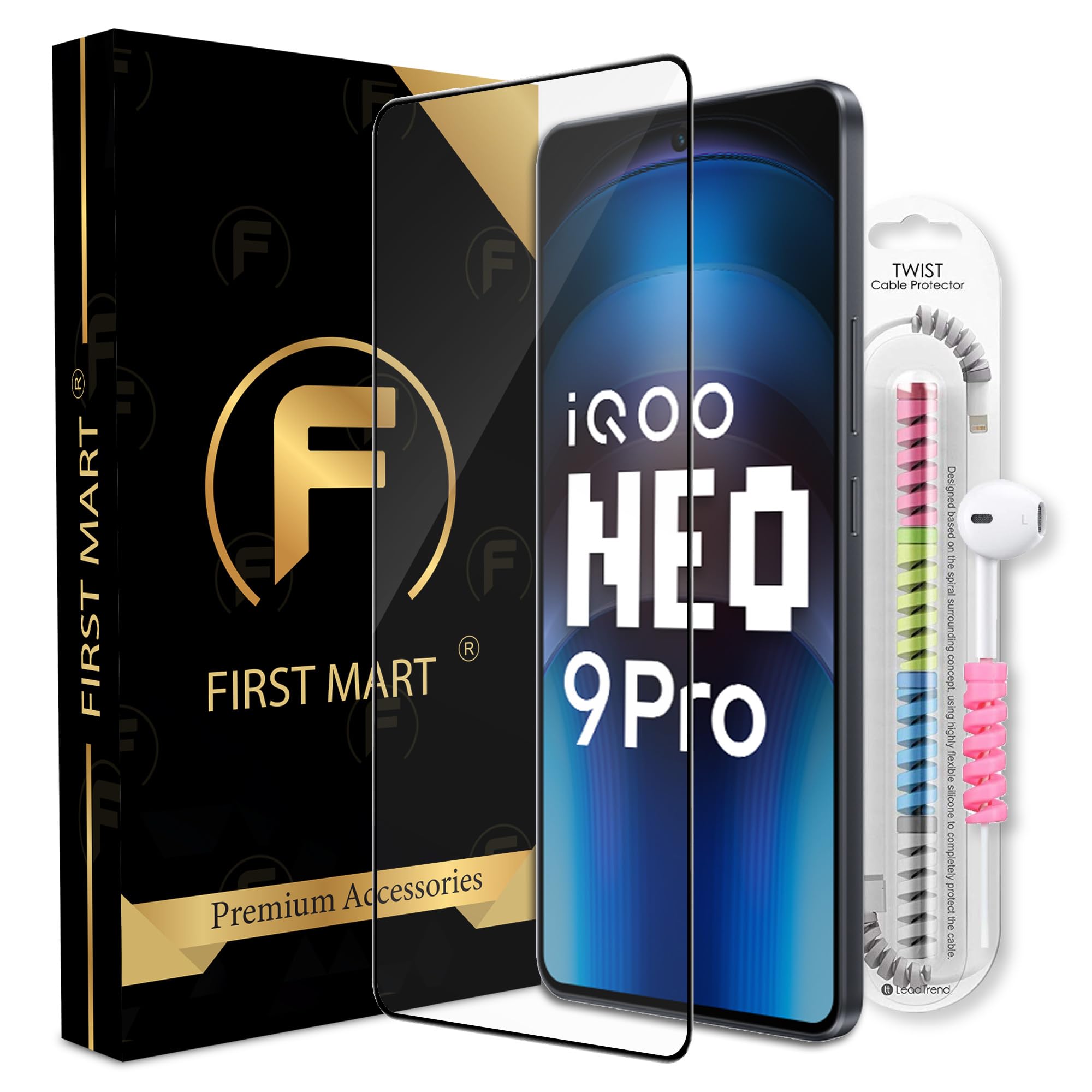 FIRST MART Tempered Glass for iQOO Neo 9 Pro 5G / iQOO 12 5G / iQOO Z9 5G with Edge to Edge Full Screen Coverage and Cable Protector and Easy Installation Kit (B0CWDB62Q7) Amazon Price History, Amazon Price Tracker