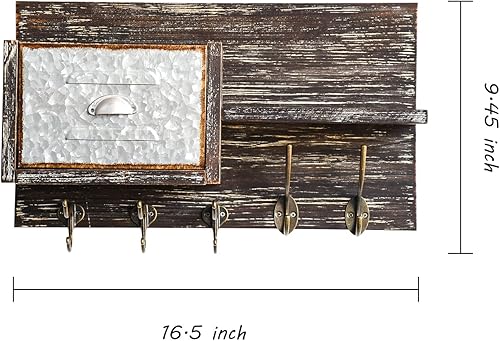 Miniatura 3 de Soporte para llaves de madera rústica para montaje en pared con estante flotante, hoja de hierro, diseño de cajón falso, organizador de correo con 5