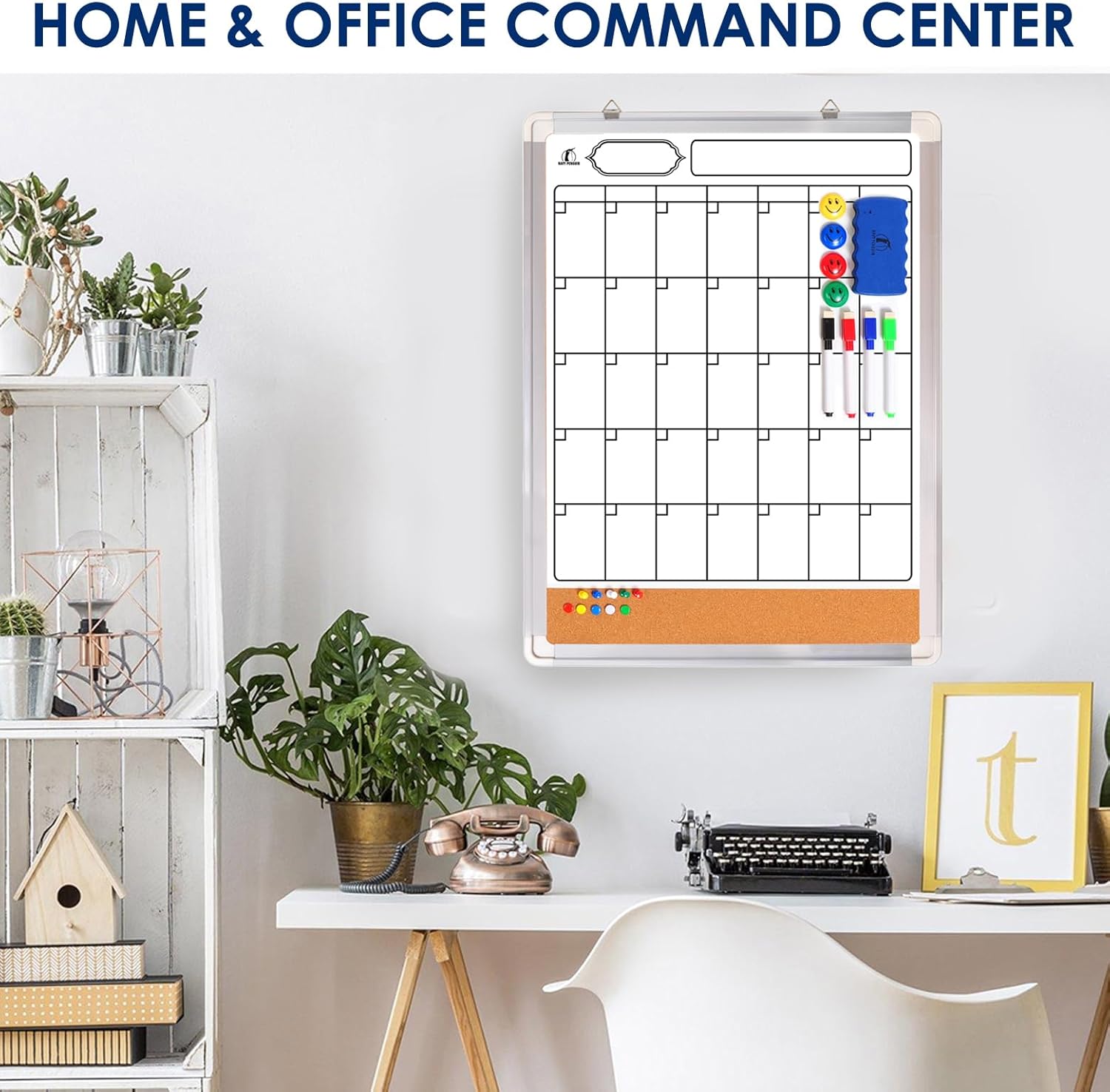 Whiteboard Calendar Dry Erase for Wall - 18 x 24 in White Board Planner Monthly Magnetic with 1 Eraser, 4 Dry Wipe Markers, 4 Magnets and 10 Thumb Tacks - Wall Hanging Marker Board Month Calendar