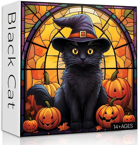 Stained Glass Puzzle Cat Puzzles for Adults 1000 Pieces, Black Cat Vintage Halloween Puzzle, Pumpkin Jigsaw Puzzle Challenging Puzzles for Adults