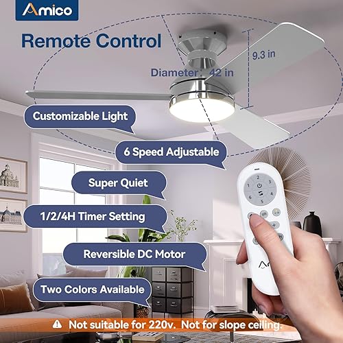 Miniatura 2 de Amico Ventiladores de techo con luces, perfil bajo, control remoto, montaje empotrado, reversible, 3CCT, regulable, silencioso, para dormitorio, uso