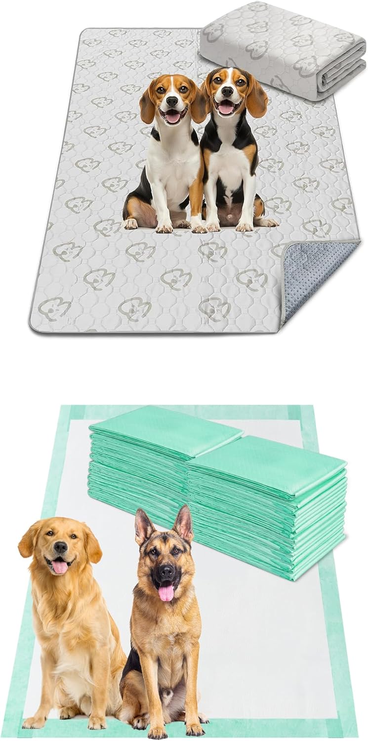 FXW Dog Pee Pads Extra Large Disposable Puppy Pads Green 20Pack, 60x33.5inch with Washable Pee Pads Khaki 71"x43"