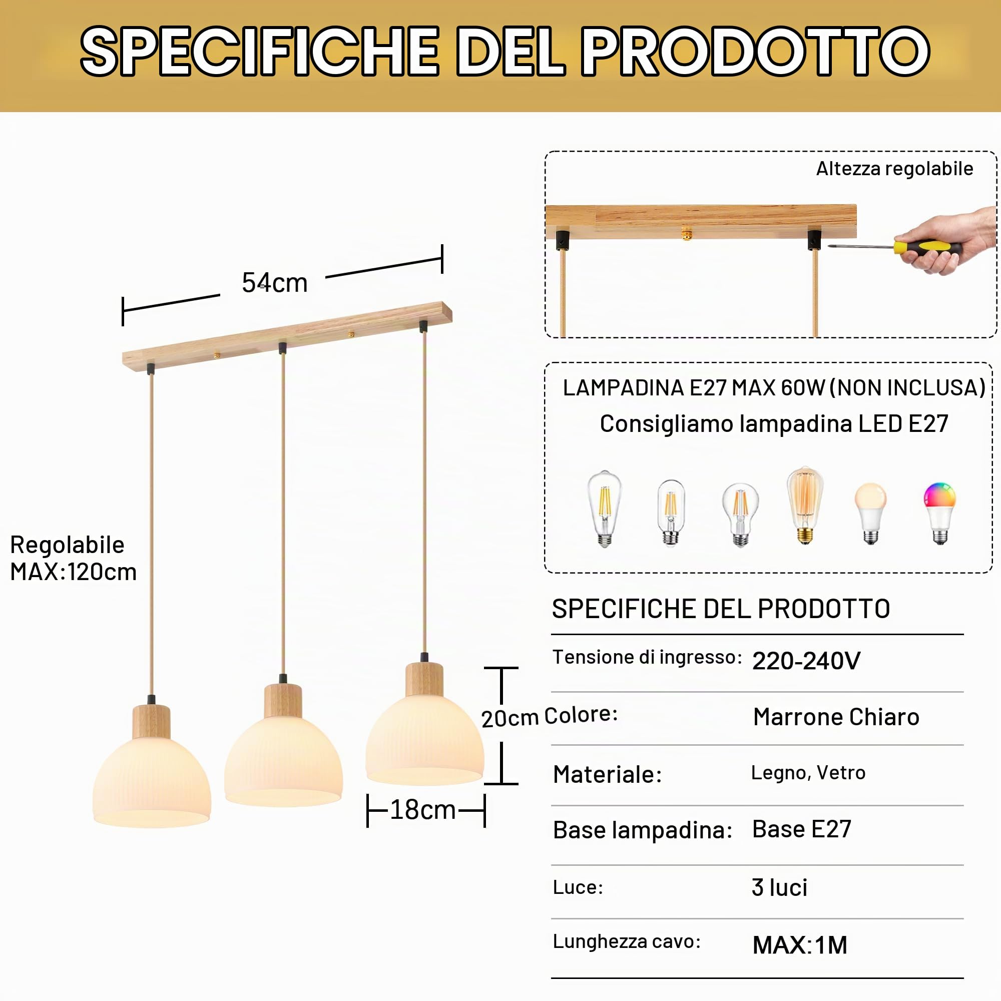 Lampadario Soggiorno 3 Luci,Legno E Vetro Bianco Lampadario Camera Da Letto E27 Regolabile In Altezza Cucina Lampadari Per Cameretta Salotto
