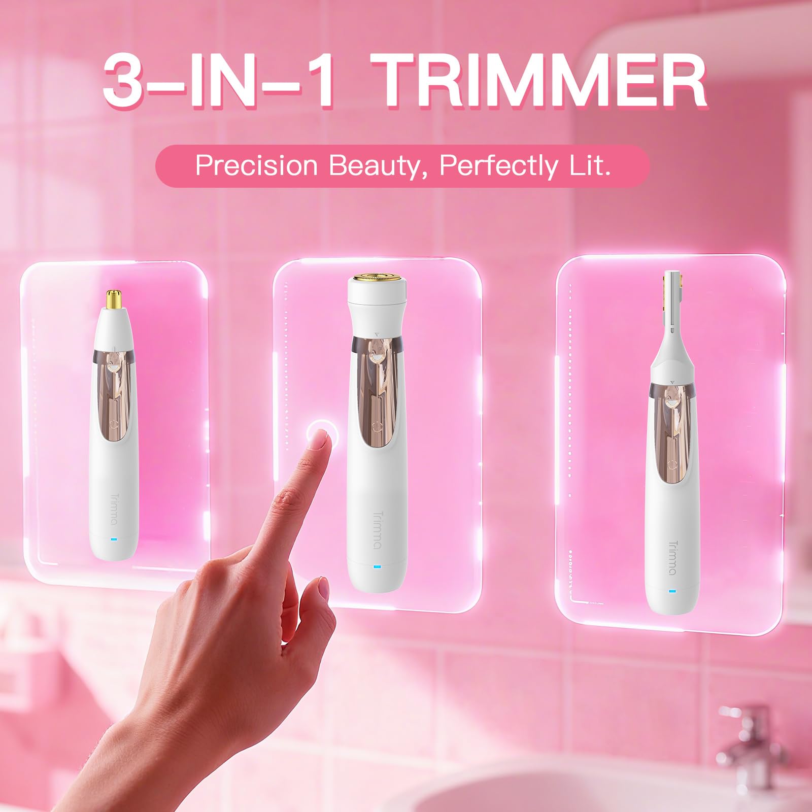 Trimma Rasoio per peli del naso da donna: 3 in 1, ricaricabile, per rimuovere i peli del viso e sopracciglia; rasoio elettrico per viso, labbra, sopracciglia, naso, orecchie, corpo, indolore, con luce
