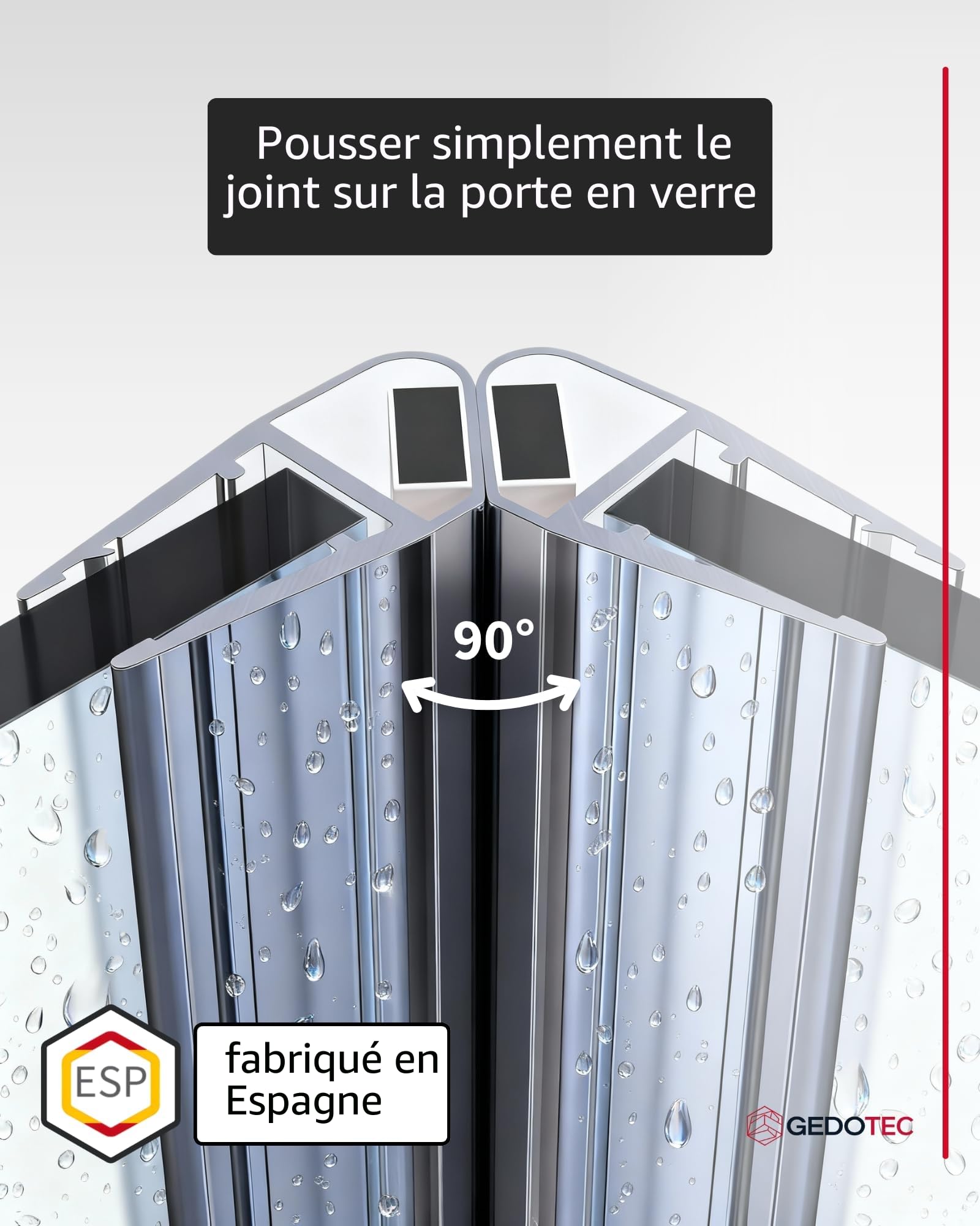 Gedotec Joint a levre magnetique pour douche 90° - 1 paire Longueur 2 m - verre 6-8 mm - PVC transparent - Cabines de douche, paroi