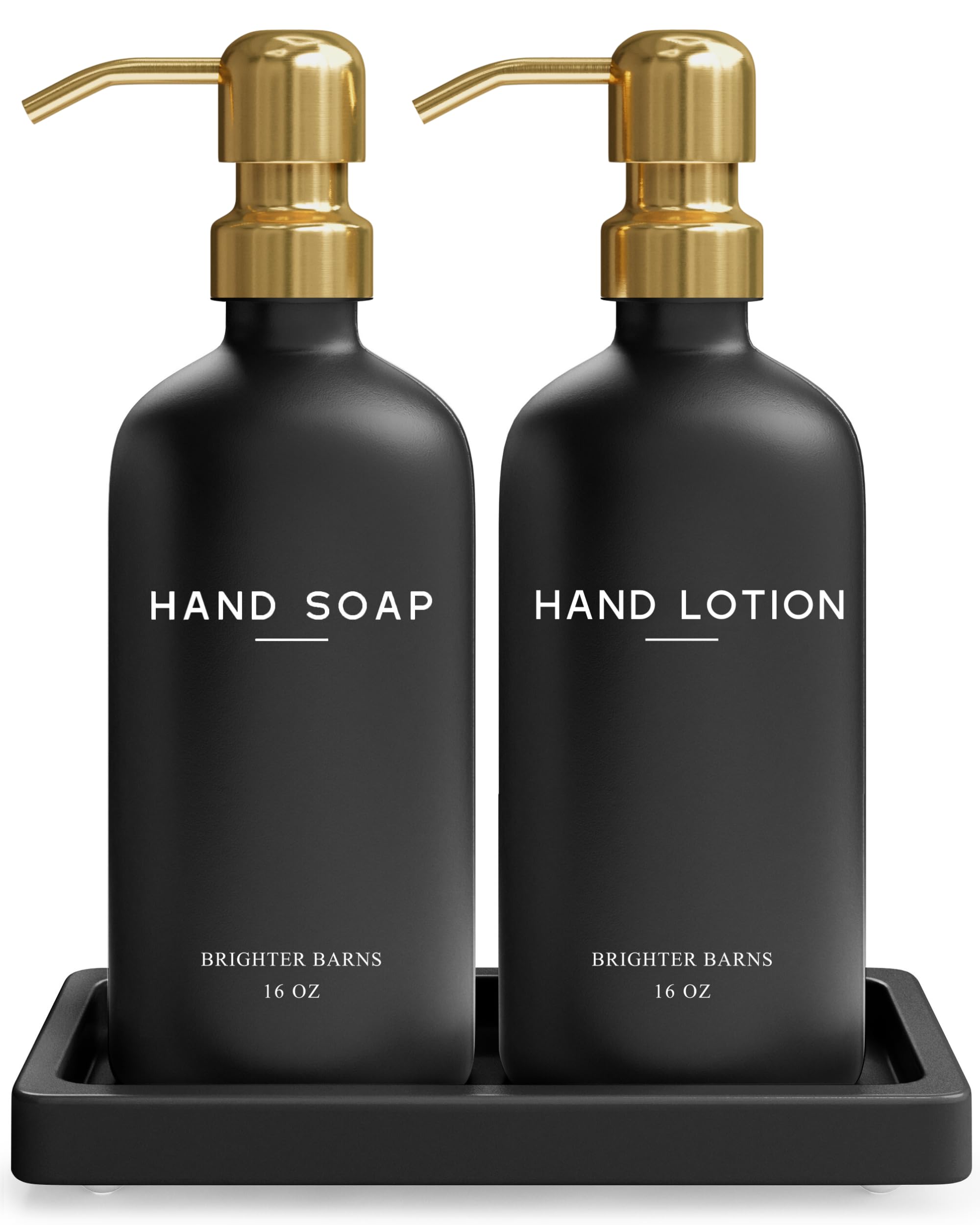 Luxury Glass Soap Dispenser Bathroom Set by Brighter Barns - Black and Gold Soap and Lotion Dispenser Set with Tray - Modern Bathroom Decor for Airbnb, Guest House, Vacation Rental, Gift (Black/Gold)
