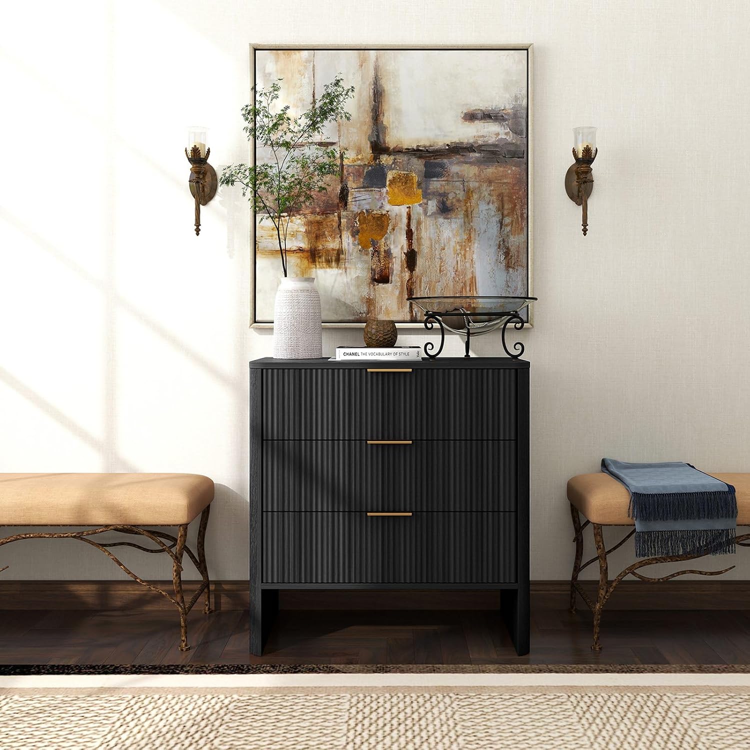 Nightstand with Drawers, Bedside Table Mid-Modern Side Table Large Capacity Storage Organizer for Bedroom, Living Room, Black