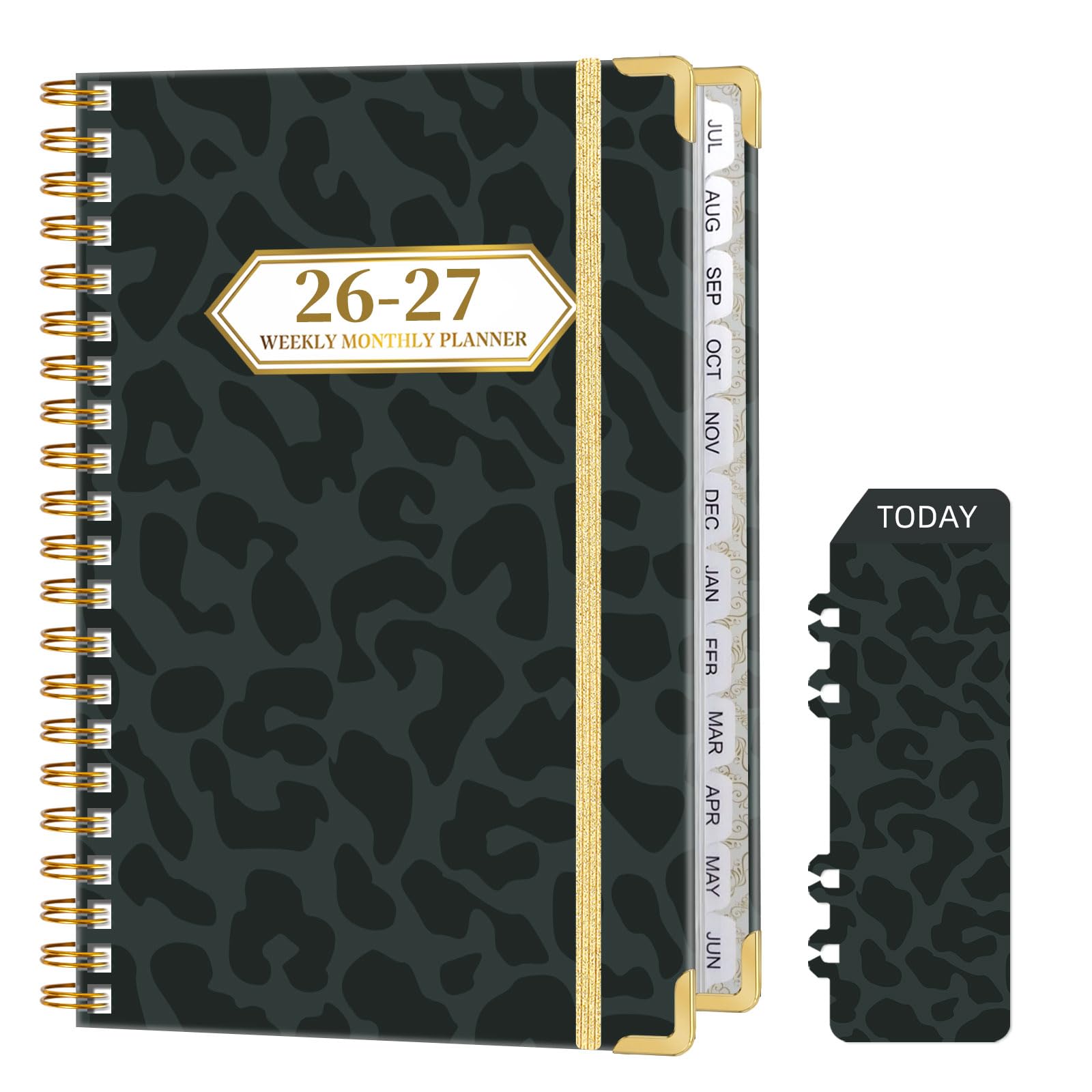 Ksriylm Leopard Print A5 Diary 2026-2027 Week to View,Classic Weekly Monthly Planner from Jul.26 - Jun.27,Twin-wrie Binding Hardcover Academic Diary with Monthly Tab,Back Pocket,Elastic Closure,Black