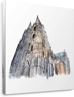 Niwo ART - Cologne Cathedral, World's Most Famous Architecture Drawings Series 2, Canvas Wall Art Home Decor, Gallery Wrapped, Stretched, Framed Ready to Hang (16"x12"x3/4")